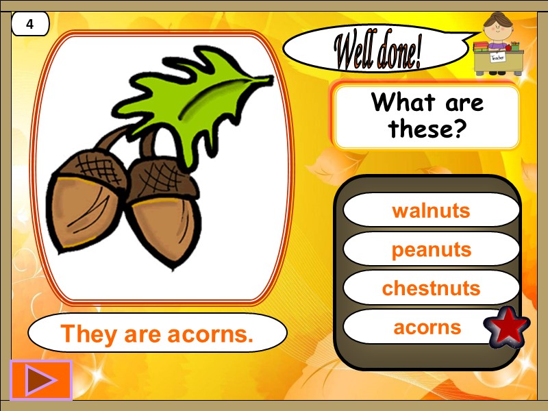acorns  Well done! They are acorns. 4 peanuts chestnuts walnuts What are 